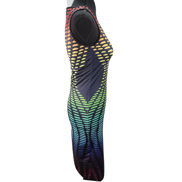 Y2K Bodycon Dress JR Medium Black Rainbow Dashes Dots Stretch Sexy Party Clubwea - Picture 7 of 15